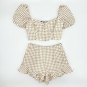 RUNAWAY The Label Gingham Puff Sleeve Top & Ruffle Hem Short Set